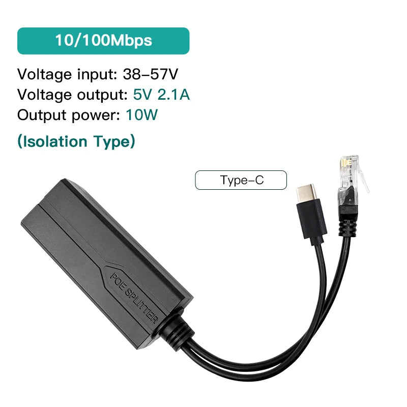 Divisor PoE OMAY 48V para 5V/12V - Micro USB Type-C 1.2A/2A 100/1000Mbps Huawei Hikvision Câmera Compacto