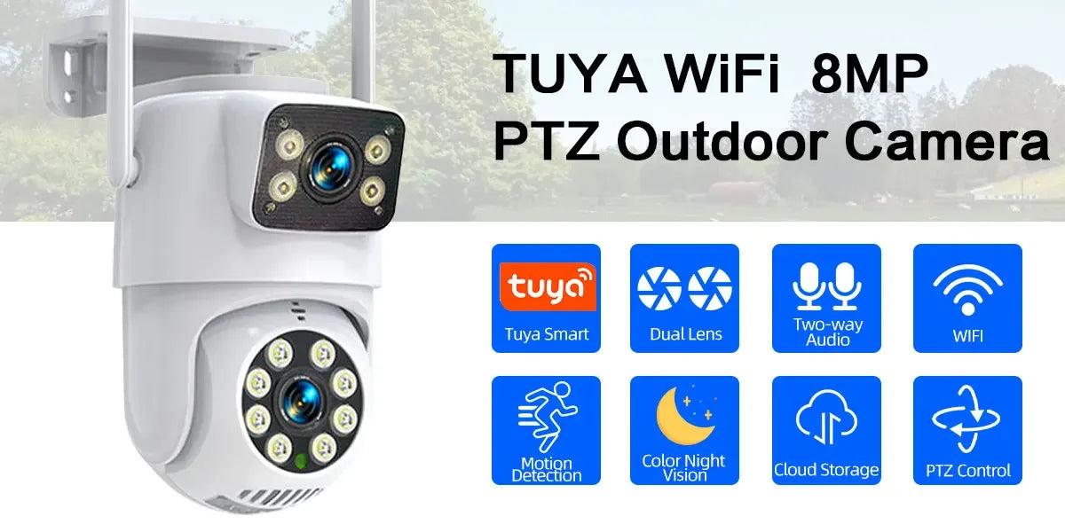Tuya câmera ip de segurança sem fio ao ar livre 4k 8mp hd lente dupla externa wifi câmera ptz rastreamento automático câmera de vigilância de rua