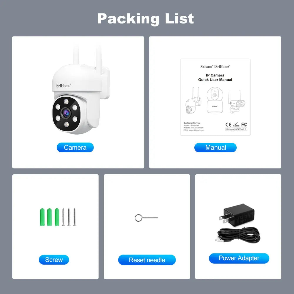 Srihome SH061 Câmera de monitoramento sem fio PTZ AI 1080P Câmera de segurança doméstica Visão noturna Detecção humana Vigilância por vídeo CCTV