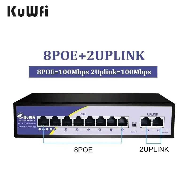 Switch PoE KuWFi 10 Portas 100Mbps - 8 PoE Injetor RJ45 Câmera IP AP Wireless CCTV Plug & Play