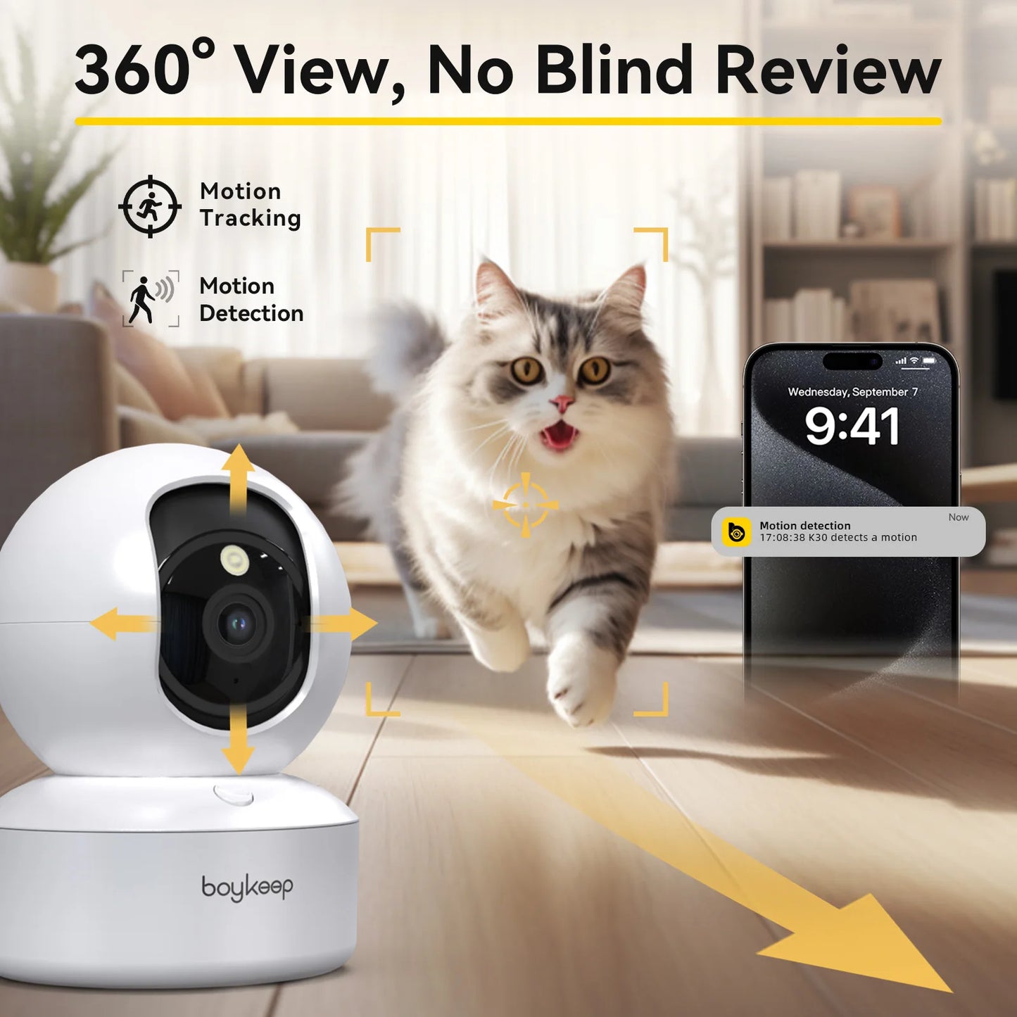 Câmera para cães de estimação Boykeep 2K com aplicativo de telefone, câmera de segurança interna WiFi 5G / 2,4 GHz para bebês, 360 °   Pan & Tilt, Áudio bidirecional, Visão noturna