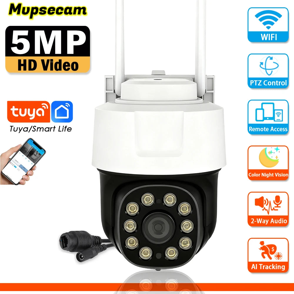 Tuya vida inteligente wifi câmera ptz ao ar livre de segurança em casa vigilância vídeo 5mp sem fio cctv câmeras ip rastreamento humano automático