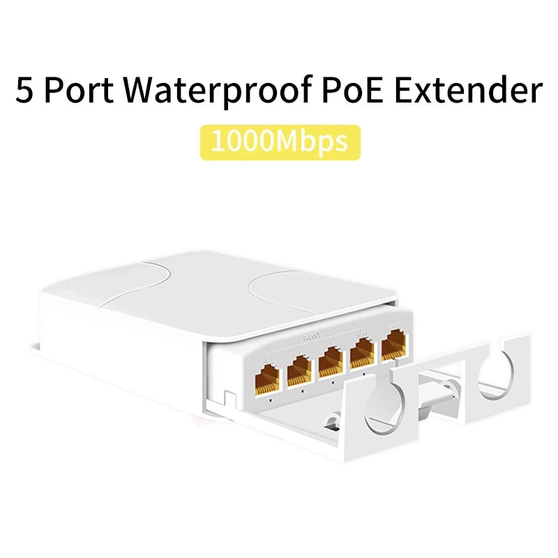 Extensor PoE TelDaykemei 5 Portas À Prova D'Água IP55 - Repetidor 4 Portas 100/1000Mbps VLAN 44-57V Externo