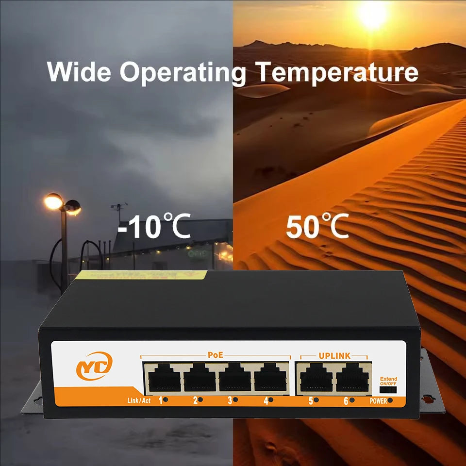 Switch PoE SHOYEE RJ45 + SFP 48V - IEEE 802.3af/at Uplink Plug & Play Câmera IP NVR Compacto