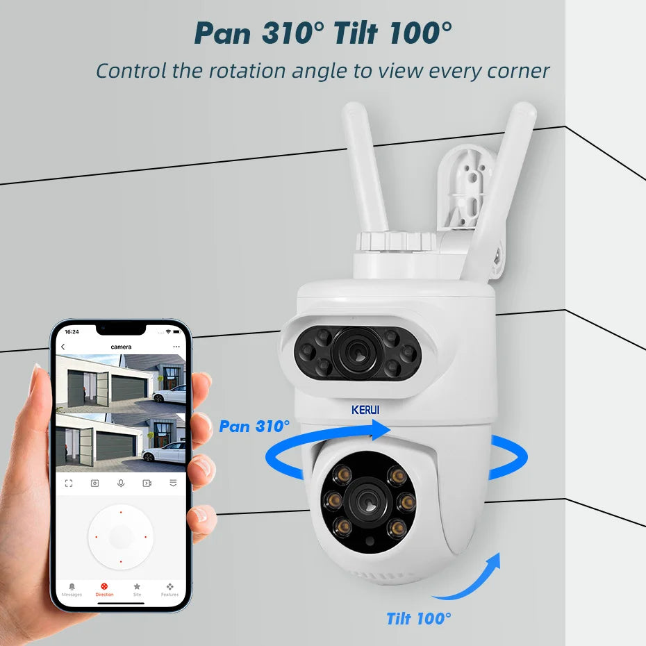 Câmera IP WiFi KERUI P169 5K 10MP Lente Dupla PTZ 360° Tuya Smart Rastreamento Automático Visão Noturna Colorida IP66 - KERUI