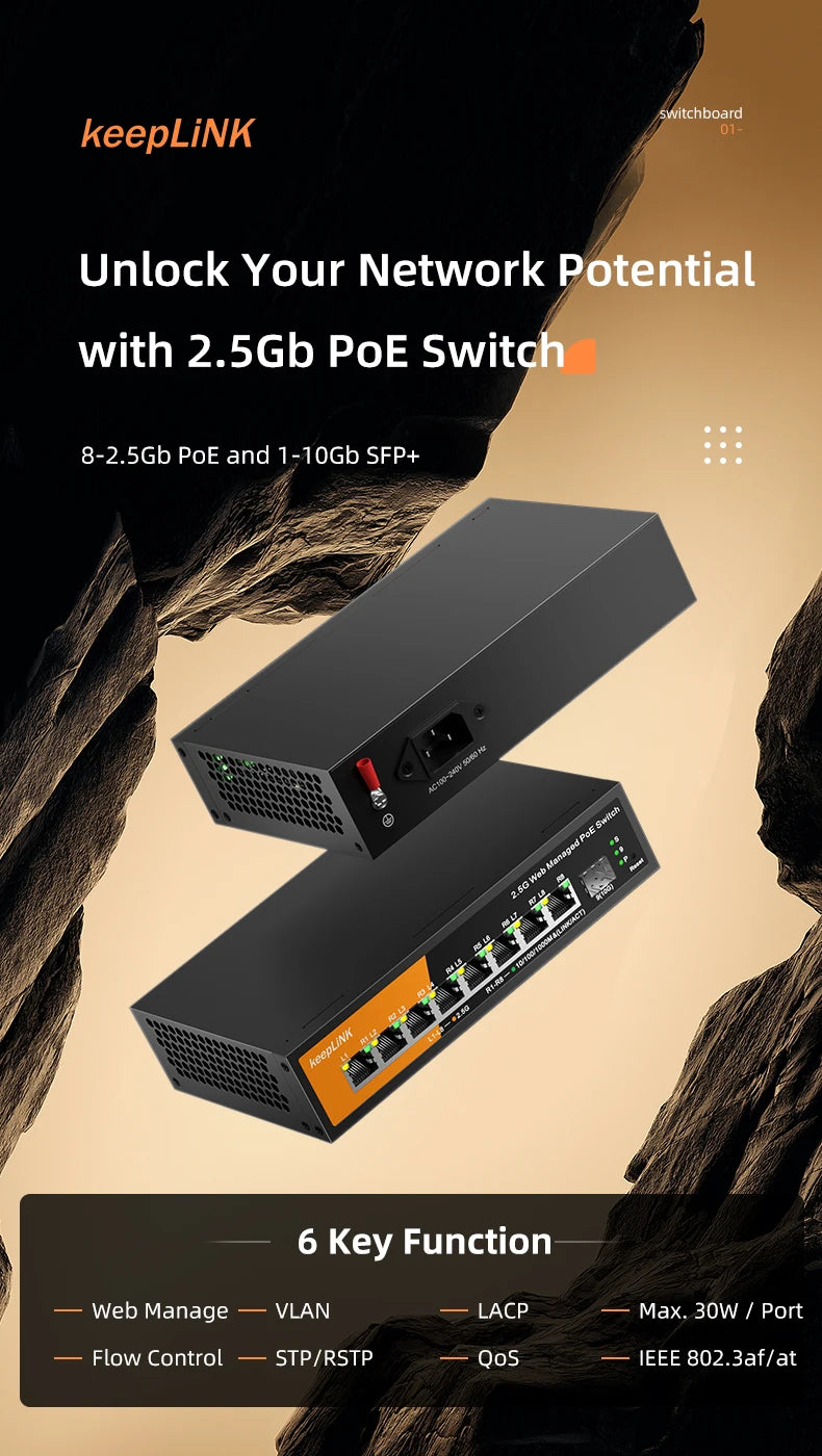 Switch Gerenciado KeepLiNK KP-9000 PoE+ 9 Portas 8x 2.5Gb PoE 130W + 1x 10Gb SFP+ Web Managed VLAN QoS - KeepLiNK