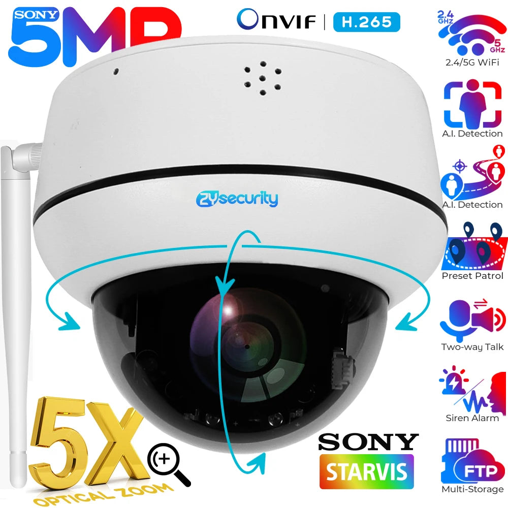 5mp wifi dome câmera ptz 5x zoom óptico câmera ip rastreamento humanóide conversa bidirecional sem fio câmeras de vigilância de segurança em casa