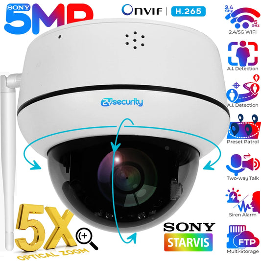 5mp wifi dome câmera ptz 5x zoom óptico câmera ip rastreamento humanóide conversa bidirecional sem fio câmeras de vigilância de segurança em casa