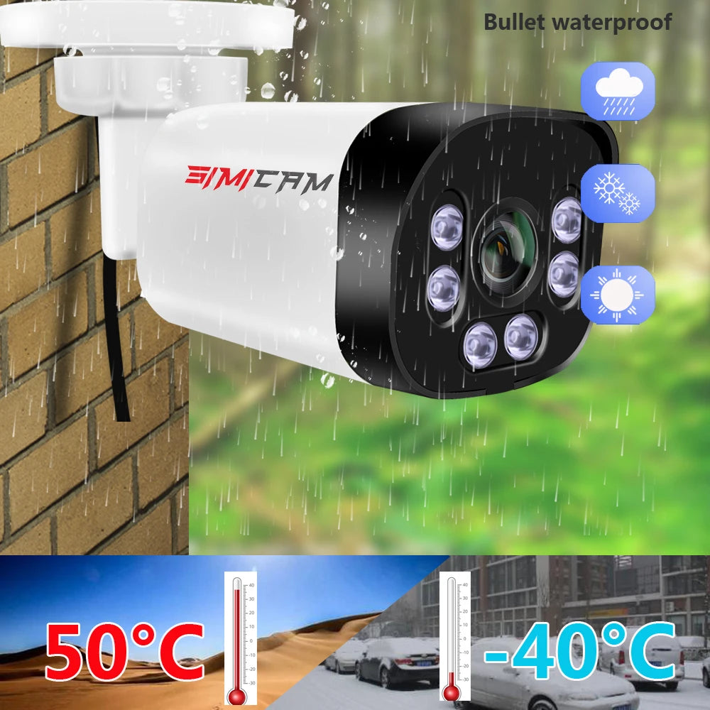 Câmera IP PoE SIMICAM 8MP 4K Bullet Visão Noturna IR 30m Áudio NVR 48V PoE IP66 - SIMICAM