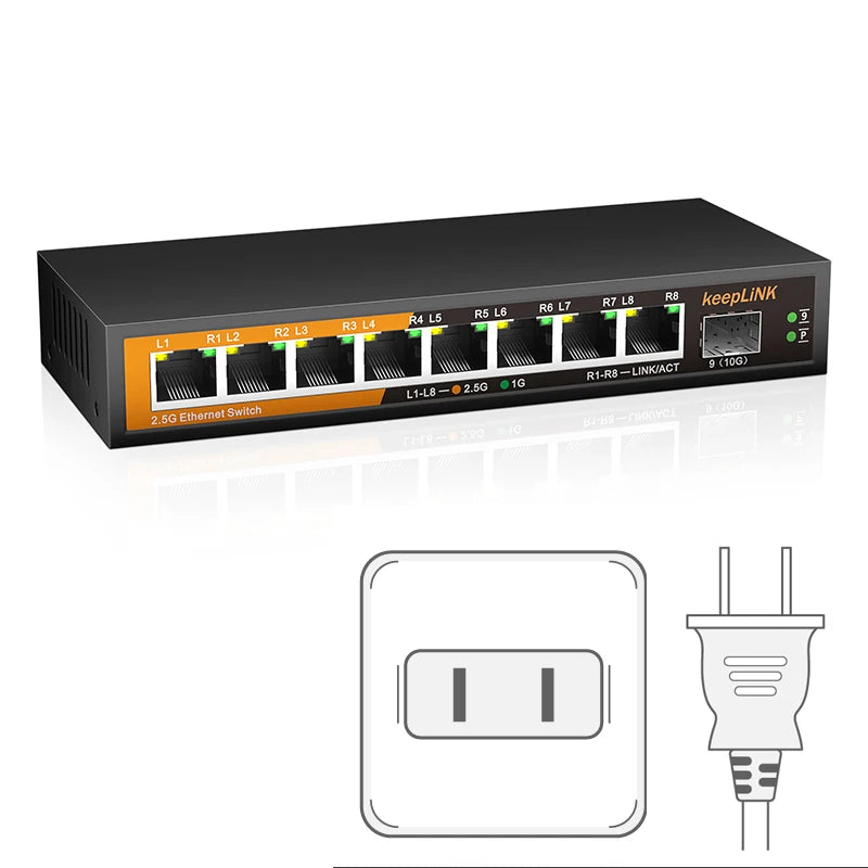 Switch 2.5Gbps KeepLiNK 9 Portas Fanless - 8x 2.5G RJ45 + 1x 10Gb SFP+ 60Gbps VLAN Metal