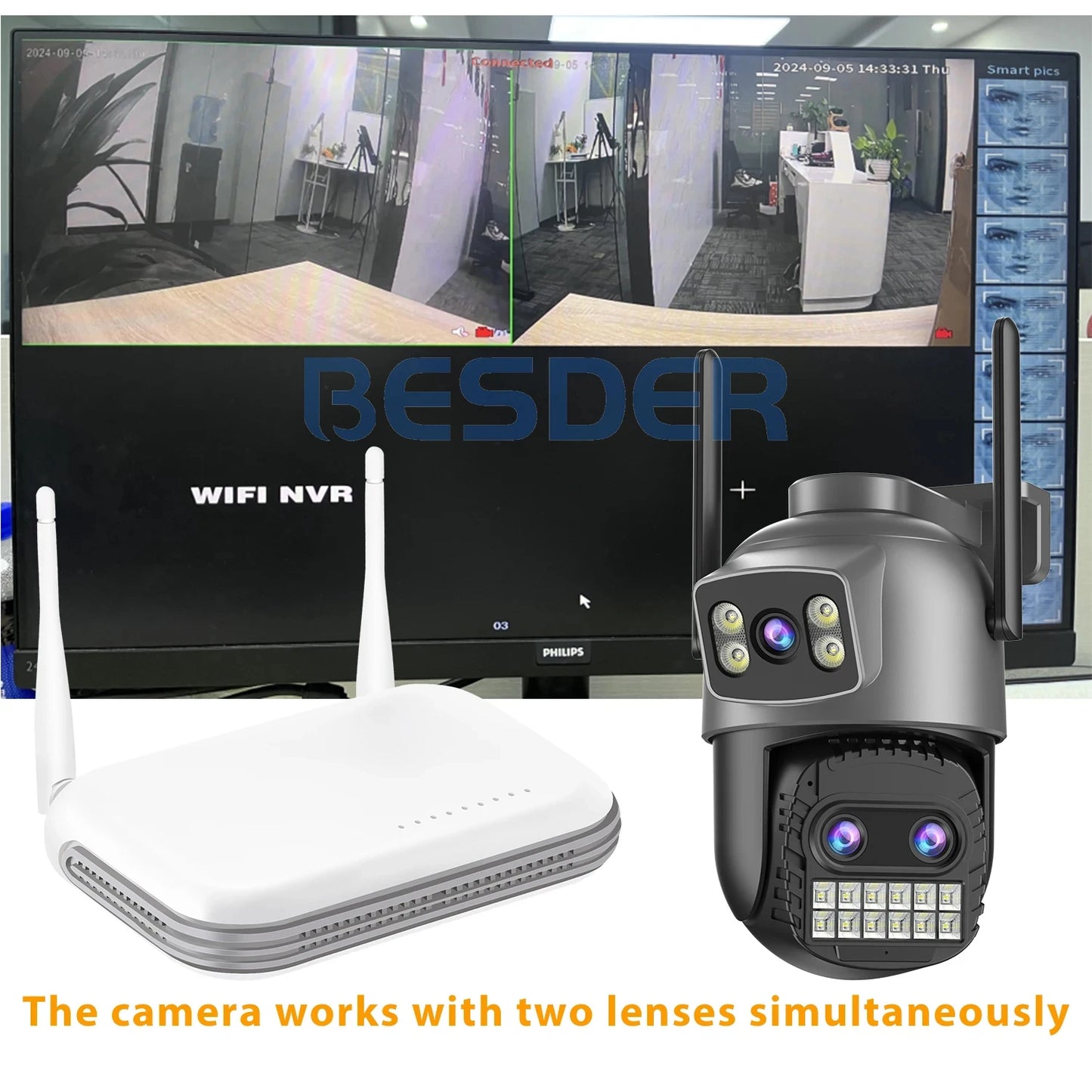 Câmera IP WiFi BESDER 15MP Tripla Lente PTZ Tela Dupla 10x Zoom Detecção Humana Visão Noturna Colorida IP66 - BESDER