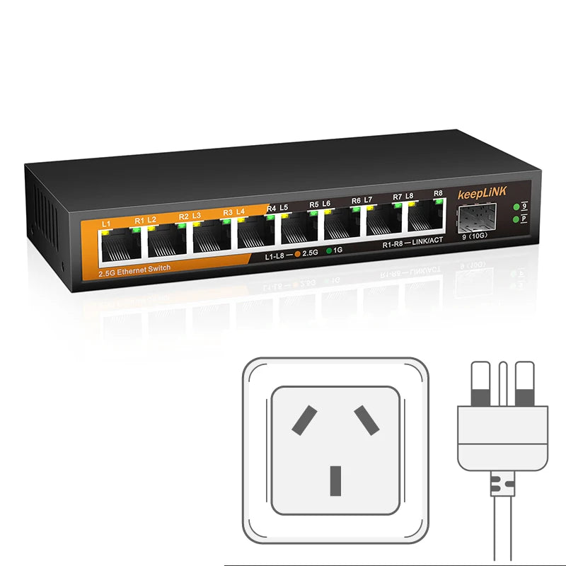 Switch 2.5Gbps KeepLiNK 9 Portas Fanless - 8x 2.5G RJ45 + 1x 10Gb SFP+ 60Gbps VLAN Metal
