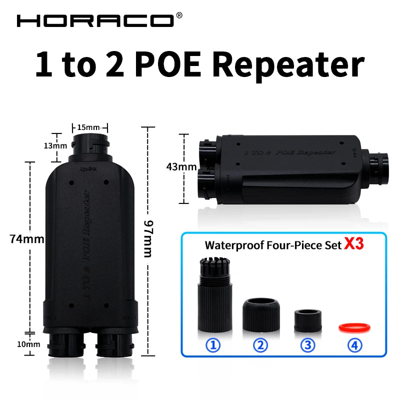 Repetidor PoE HORACO 2 Portas À Prova D'Água IP66 - 1 para 2 IEEE 802.3af/at 10/100Mbps 30W Externo Câmera