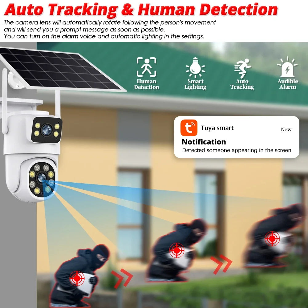 Tuya câmera solar inteligente wifi lente dupla 8mp sem fio ao ar livre câmera de vigilância de vídeo bateria ptz cctv duas telas detecção pir