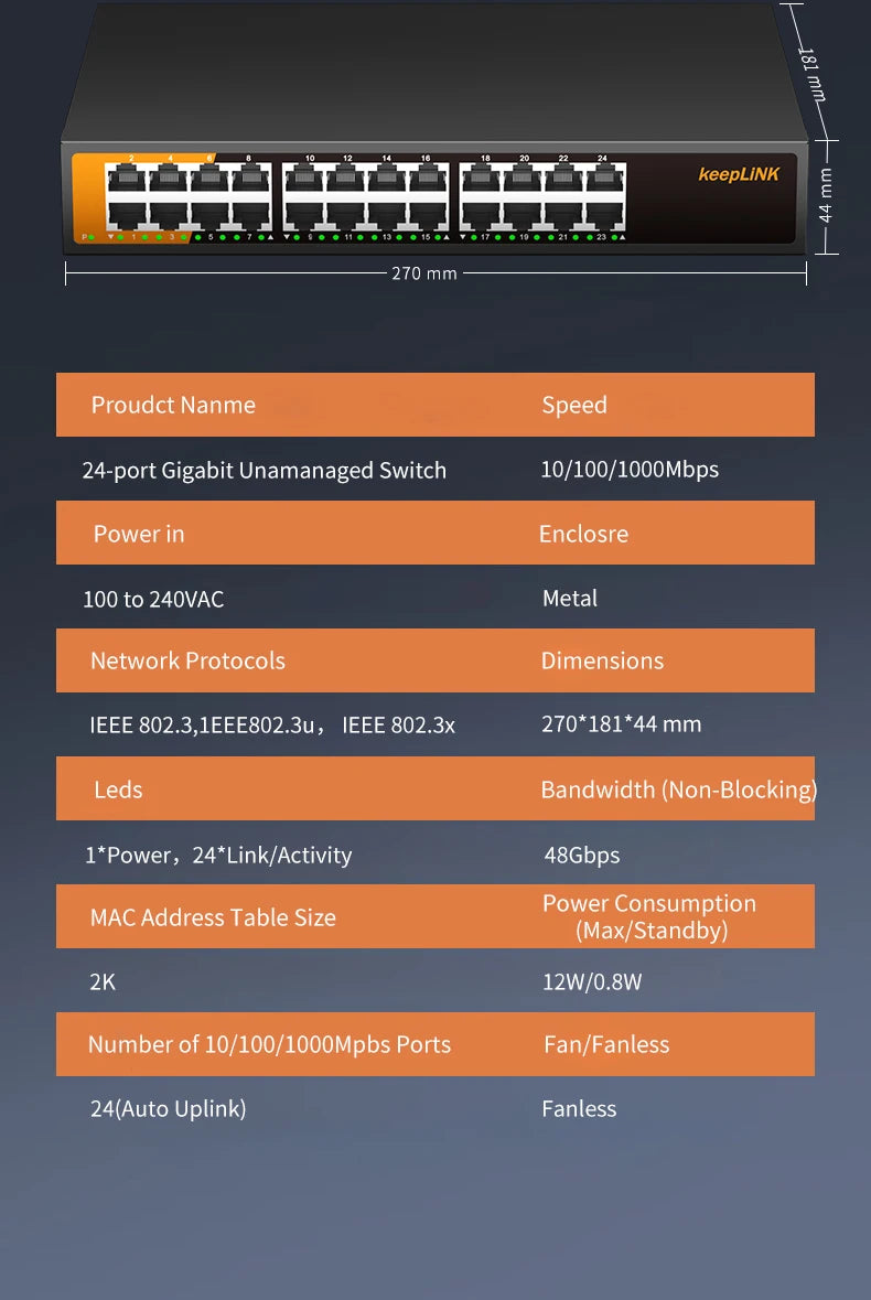 Switch Ethernet Gigabit de 24 portas KeepLiNK Plug and Play não gerenciado