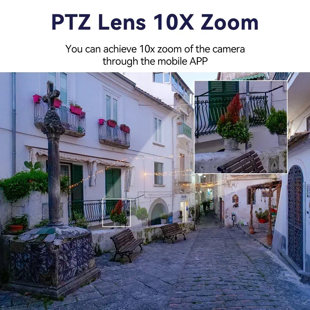 Câmera WiFi PTZ 12MP 6K Três Lentes Três Telas Zoom 10x Rastreamento Automático Alarme Visual IP66 PEGATAH