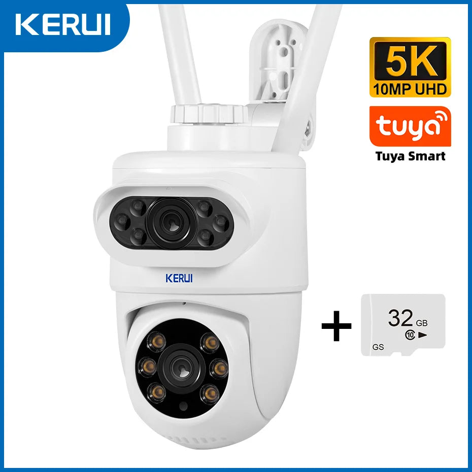 Câmera IP WiFi KERUI P169 5K 10MP Lente Dupla PTZ 360° Tuya Smart Rastreamento Automático Visão Noturna Colorida IP66 - KERUI