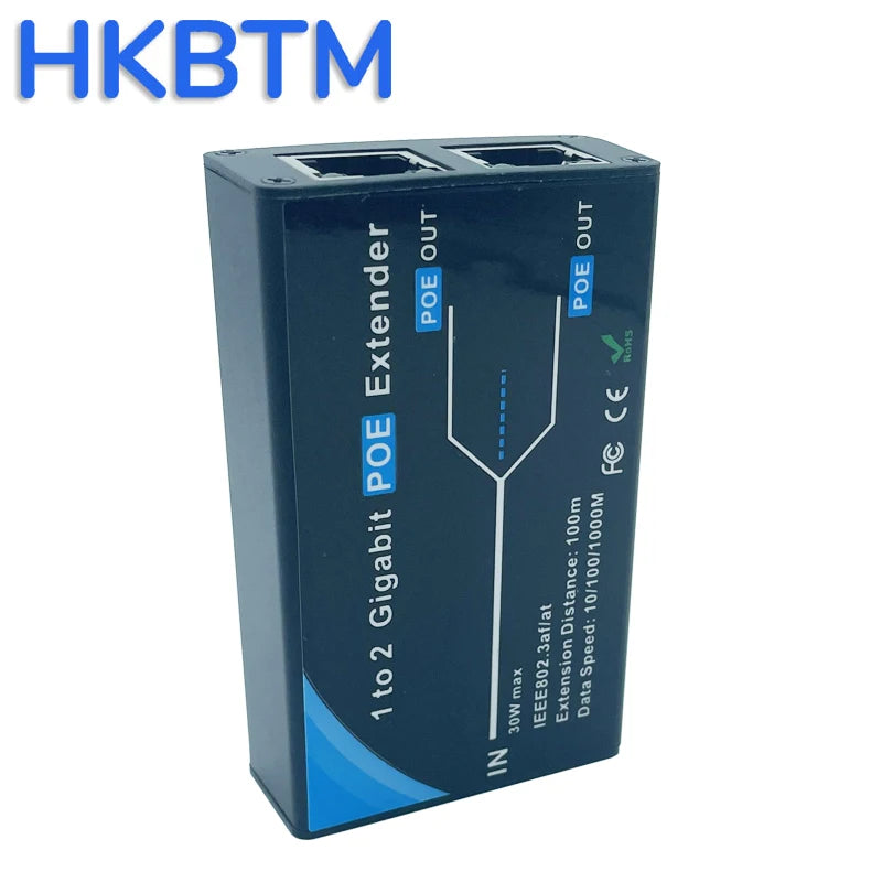 Extensor PoE Gigabit HKBTM 2 Portas - IEEE 802.3af/at PoE+ 10/100/1000Mbps Repetidor 100m Câmera IP