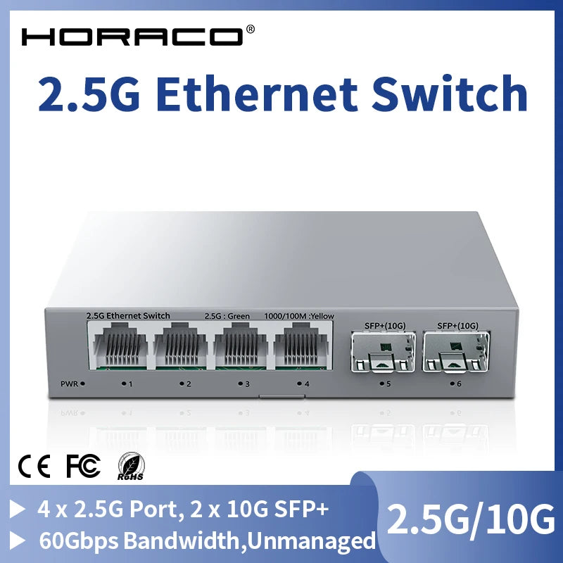 Switch 2.5Gb HORACO 6 Portas - 4x 2.5GBASE-T RJ45 + 2x 10G SFP+ 60Gbps Plug & Play Sem Ventilador