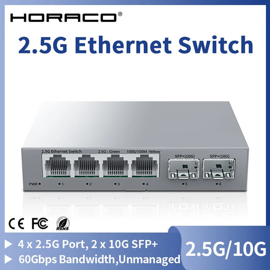 Switch 2.5Gb HORACO 6 Portas - 4x 2.5GBASE-T RJ45 + 2x 10G SFP+ 60Gbps Plug & Play Sem Ventilador