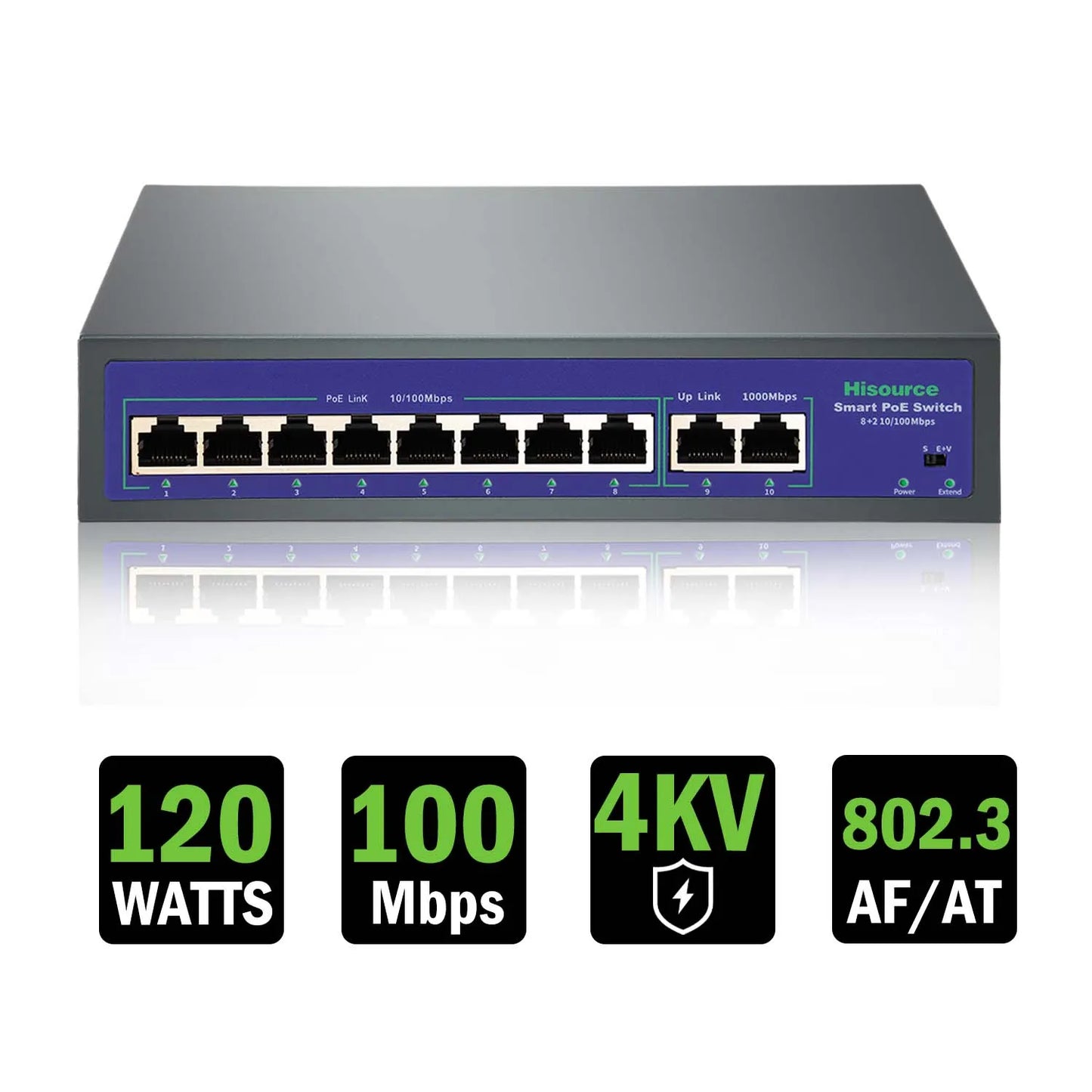 Switch PoE Fast Ethernet 10 Portas 120W - IEEE 802.3af/at 10/100Mbps VLAN Proteção Raios Câmeras IP