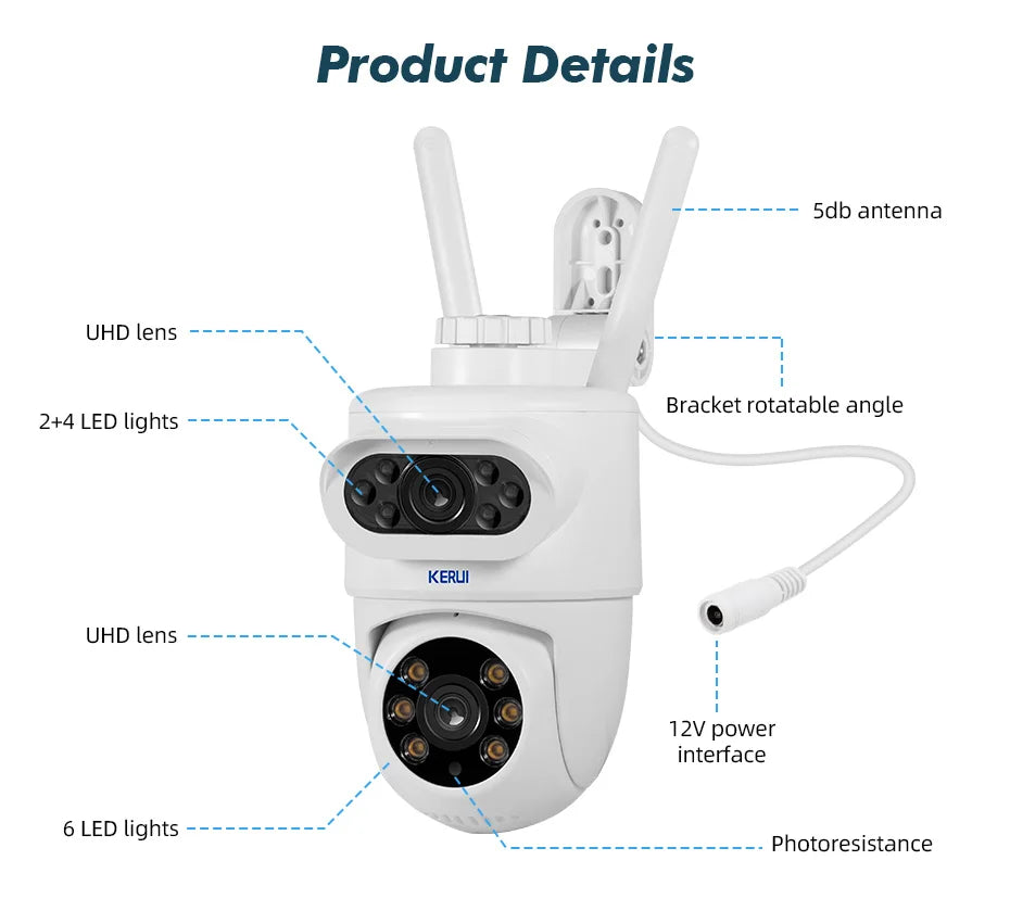 Câmera IP WiFi KERUI P169 5K 10MP Lente Dupla PTZ 360° Tuya Smart Rastreamento Automático Visão Noturna Colorida IP66 - KERUI