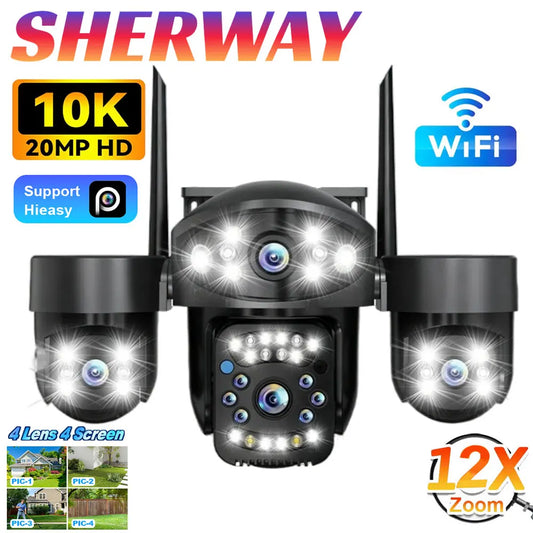 Câmera wi-fi de 4 lentes, 20mp, segurança doméstica externa, 4 telas, zoom 12x, rastreamento automático, cor, visão noturna, cctv, vigilância sem fio