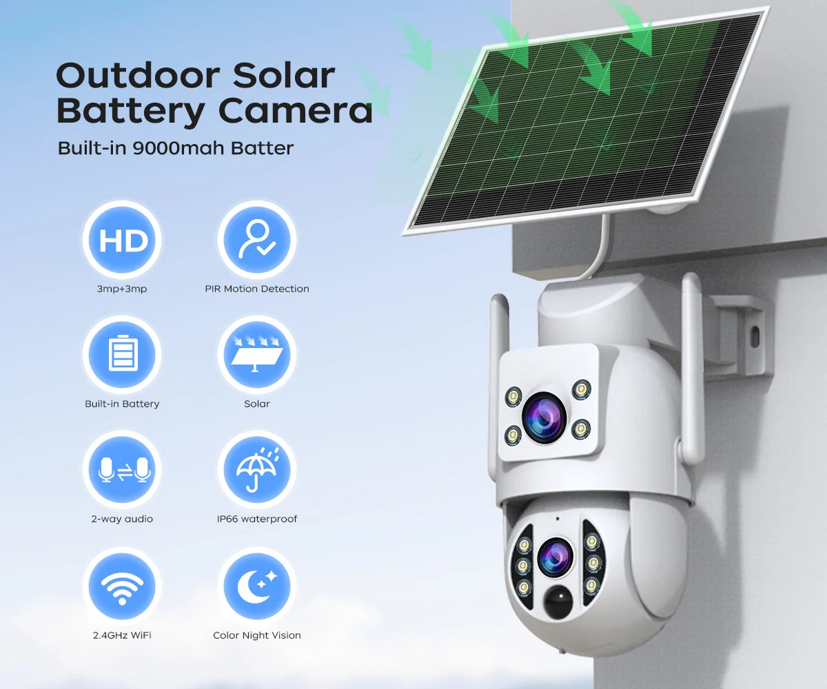 Câmera Solar 4K JOOAN - Sem Fio com Lente Dupla, Bateria Recarregável e IA