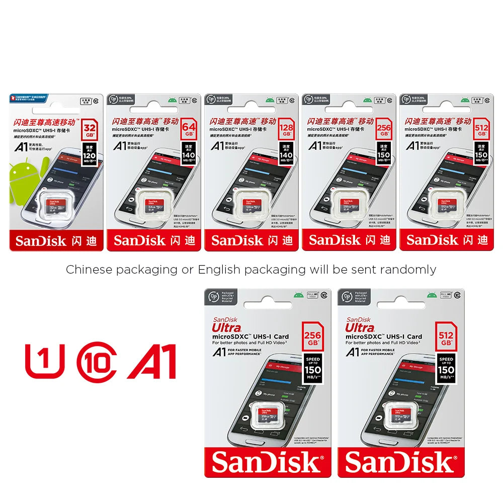 Cartão de Memória SanDisk Ultra MicroSD 32GB 64GB 128GB 256GB 512GB Classe 10 UHS-I A1 V10