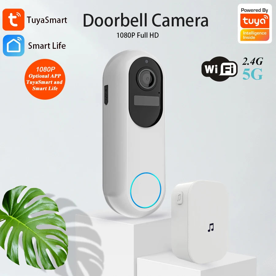 Tuya campainha de vídeo inteligente à prova dwaterproof água visão noturna segurança em casa 1080p câmera digital visual intercom 2.4ghz 5ghz wi fi campainha