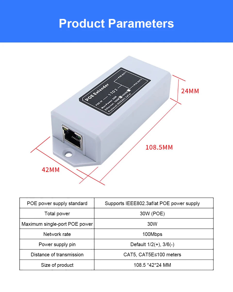 Extensor PoE OMAY 1 para 2 Portas Gigabit - IEEE 802.3af/at 48V 100/1000Mbps Extensão 100m Câmera IP NVR