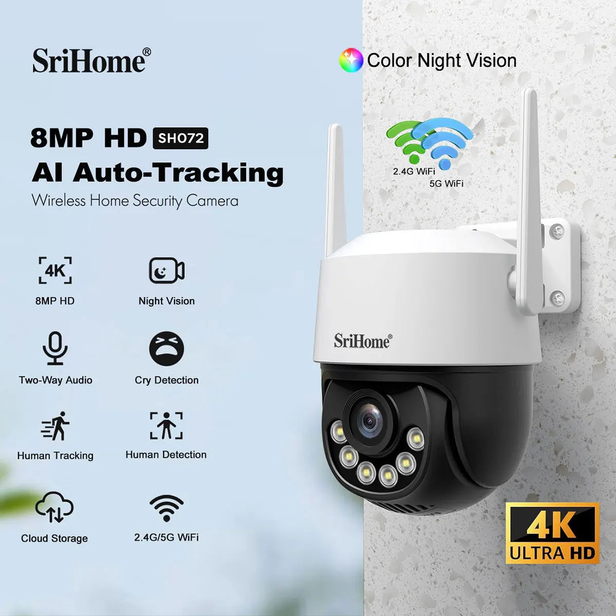 Srihome 8MP 4K WiFi PTZ Câmera Smart Color Night Vision IP66 Segurança externa 360 °   Cobertura Smart Auto Tracking SH072