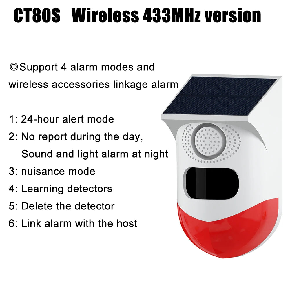 Alarme infravermelho solar ao ar livre PIR, Smart WiFi Siren, impermeável, sem fio, sensor estroboscópico anti-roubo, várias versões disponíveis, 433MHz