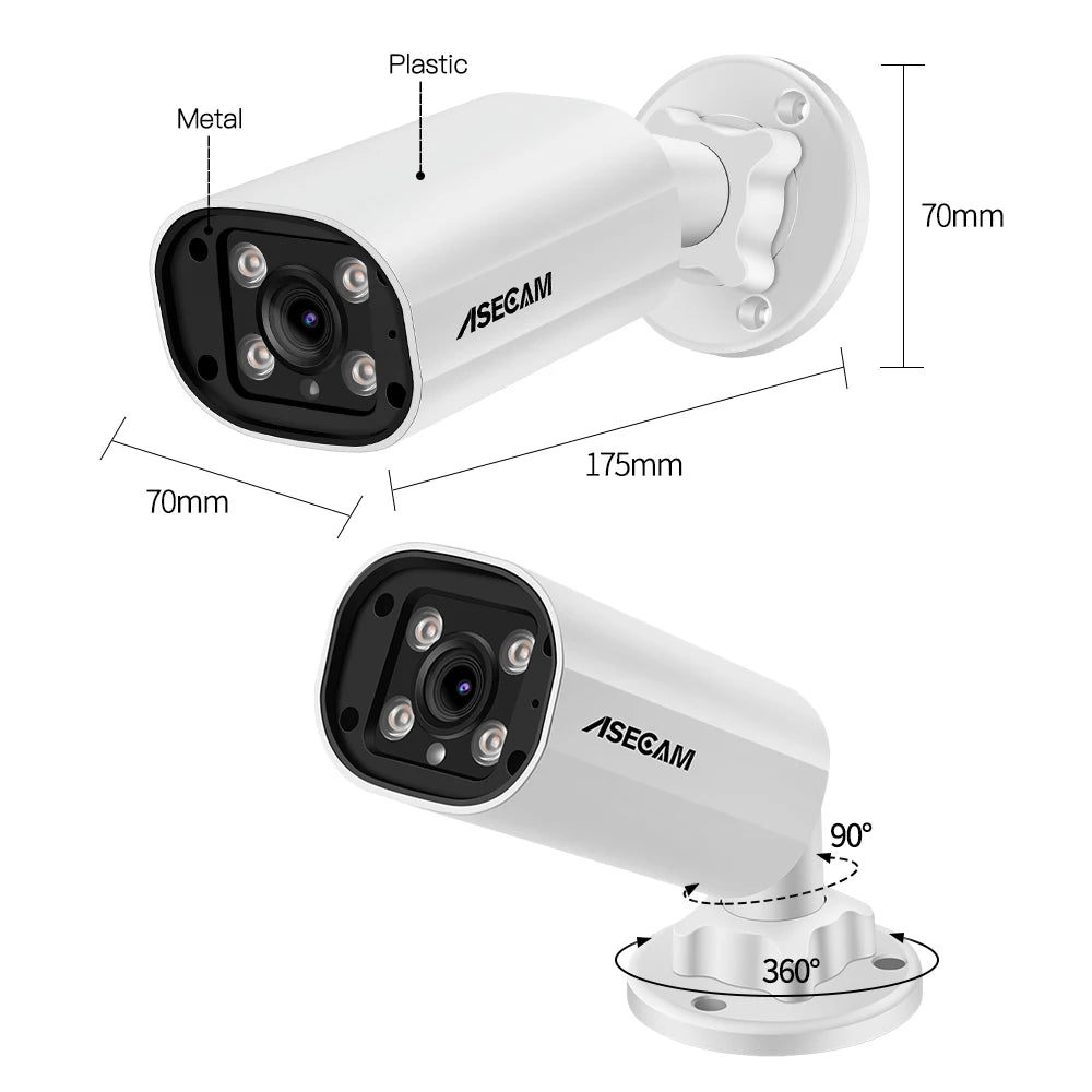 Câmera IP ASECAM 8MP 4K POE com Detecção Humana, Áudio, Luz Dupla e Visão Noturna Colorida 50m