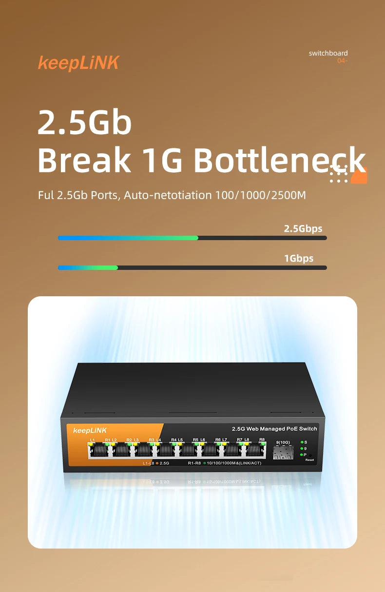 Switch Gerenciado KeepLiNK KP-9000 PoE+ 9 Portas 8x 2.5Gb PoE 130W + 1x 10Gb SFP+ Web Managed VLAN QoS - KeepLiNK