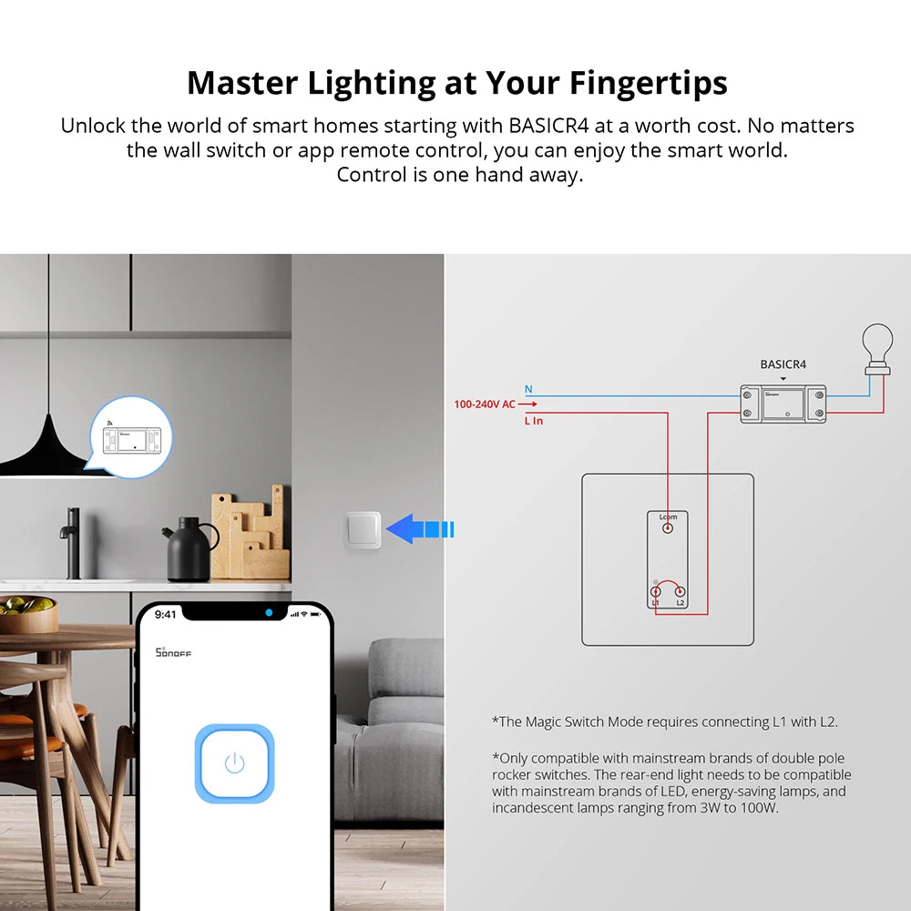SONOFF-Básico R4 Casa Inteligente Interruptor WiFi, Módulo De Controle Remoto, Modo De Interruptor Mágico Via Ewelink APP, Funciona com Alexa, DIY