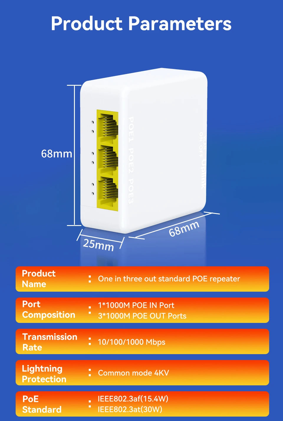 Extensor PoE Gigabit HORACO 4 Portas 30W POE013GS - Repetidor IEEE 802.3af/at 10/100/1000Mbps 10Gbps Plug & Play