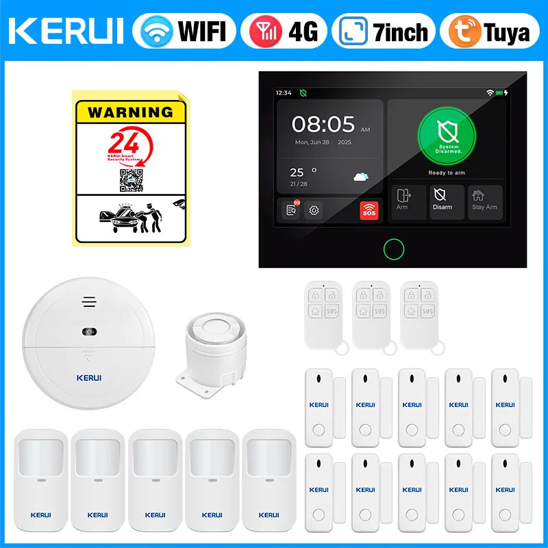 Sistema de Alarme Inteligente WiFi/4G GSM com Tela Touch IPS 7" Sensor Movimento Sirene - Kerui G70