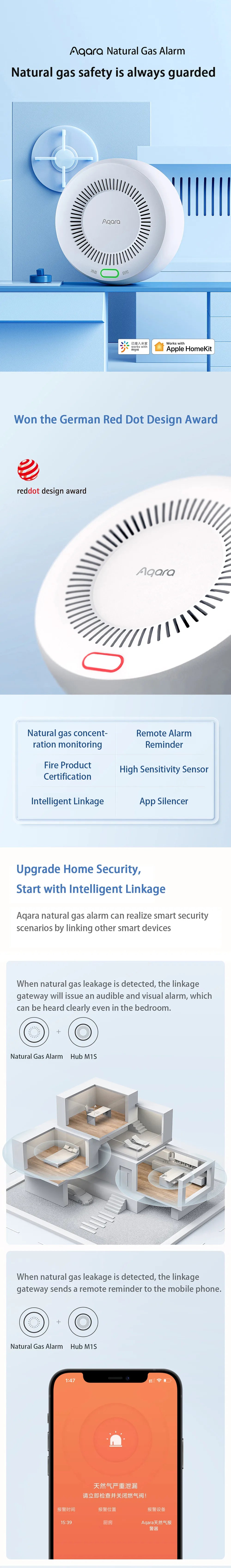 Aqara inteligente detector de gás natural zigbee alarme vazamento gás ligação inteligente segurança em casa inteligente para xiaomi mi casa homekit app