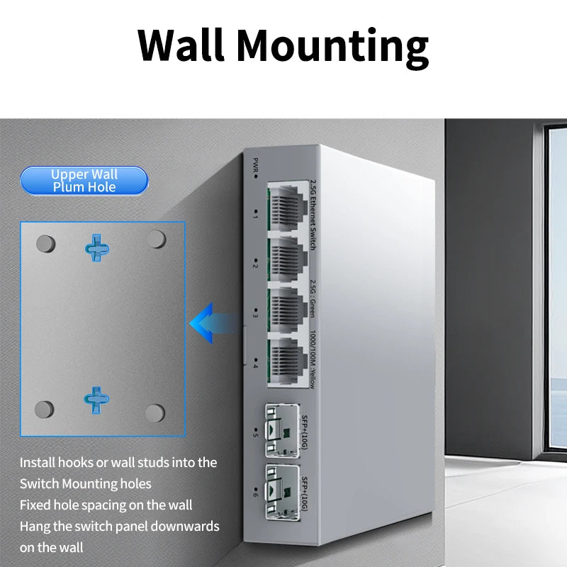 Switch 2.5Gb HORACO 6 Portas - 4x 2.5GBASE-T RJ45 + 2x 10G SFP+ 60Gbps Plug & Play Sem Ventilador
