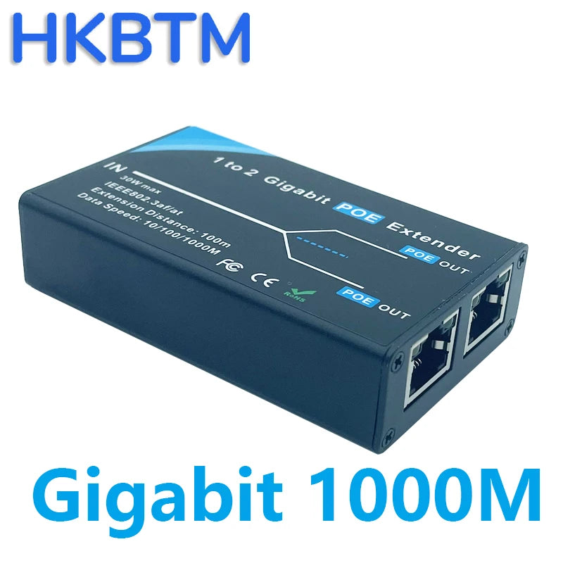 Extensor PoE Gigabit HKBTM 2 Portas - IEEE 802.3af/at PoE+ 10/100/1000Mbps Repetidor 100m Câmera IP