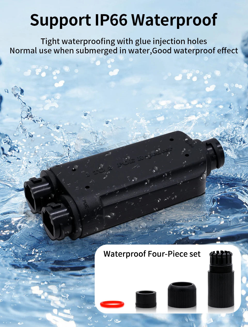 Repetidor PoE HORACO 2 Portas À Prova D'Água IP66 - 1 para 2 IEEE 802.3af/at 10/100Mbps 30W Externo Câmera