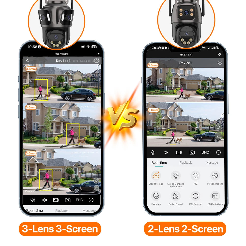 Câmera de Segurança IP WiFi 4K Três Telas com Lente Dupla PTZ Detecção IA e IP66 À Prova D'Água iCsee