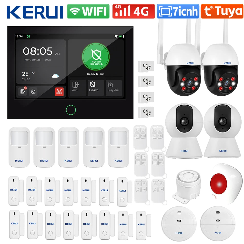 Central de Alarme KERUI G70 Tuya WiFi 4G Tela Touch 7" Kit Completo 100 Zonas FSK Sistema Inteligente - KERUI
