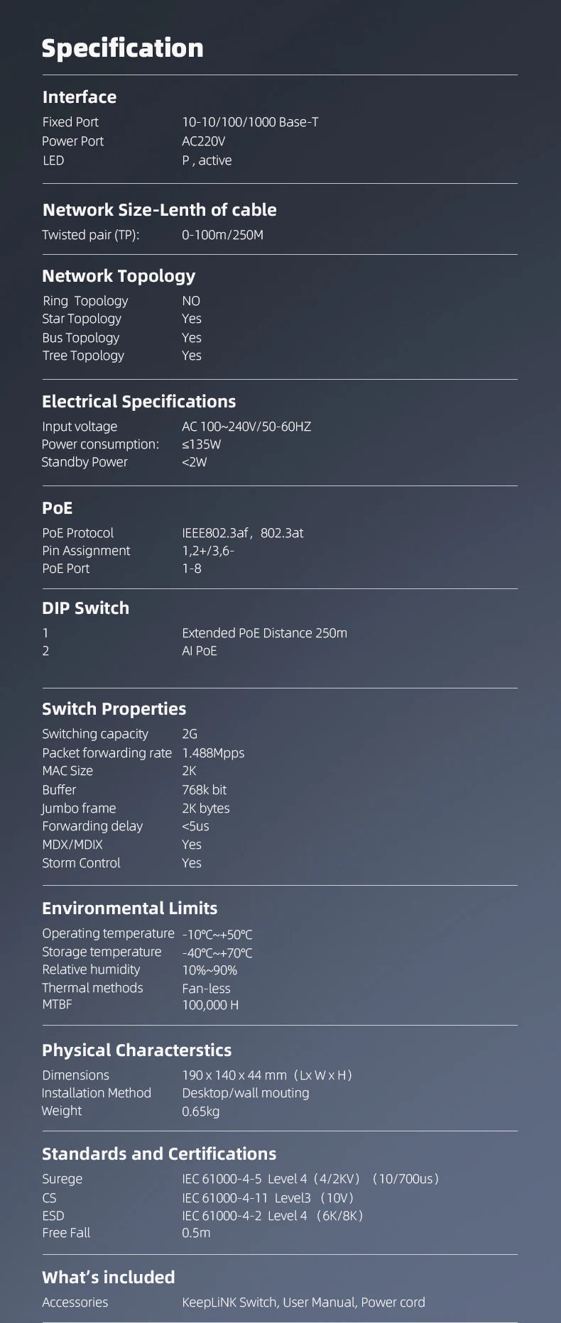 Switch Gigabit PoE KeepLiNK 10 Portas Fanless - 8 PoE+ 2 Uplink IEEE 802.3af/at 135W VLAN Câmeras IP