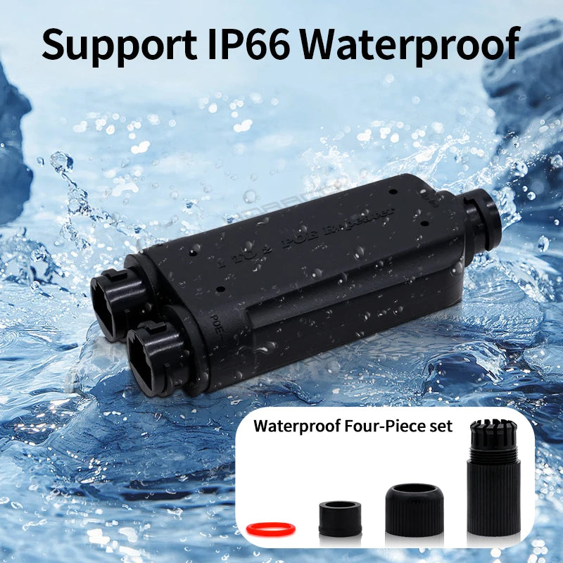 Repetidor PoE HORACO 2 Portas À Prova D'Água IP66 - 1 para 2 IEEE 802.3af/at 10/100Mbps 30W Externo Câmera