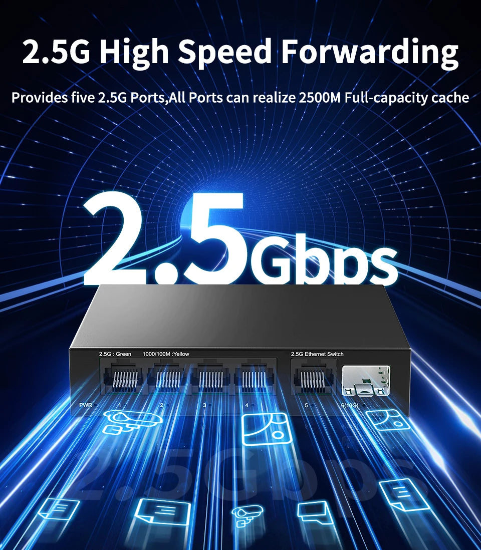 Switch 2.5GbE HORACO 6 Portas - 5x 2.5GBASE-T RJ45 + 1x 10G SFP+ Plug & Play Home Lab NAS