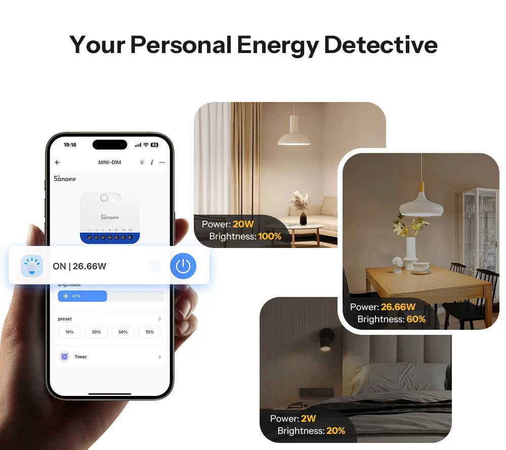 Dimmer Inteligente WiFi Matter MINI-DIM Extreme Sem Cintilação Monitoramento Energia 220-240V SONOFF