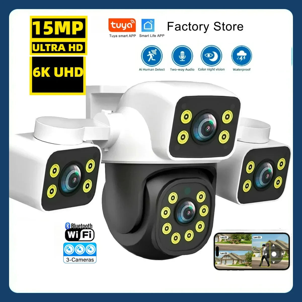 Câmera WiFi Tuya 15MP 3 Lentes – PTZ 360°, Visão Noturna 30m, IA e Áudio Bidirecional