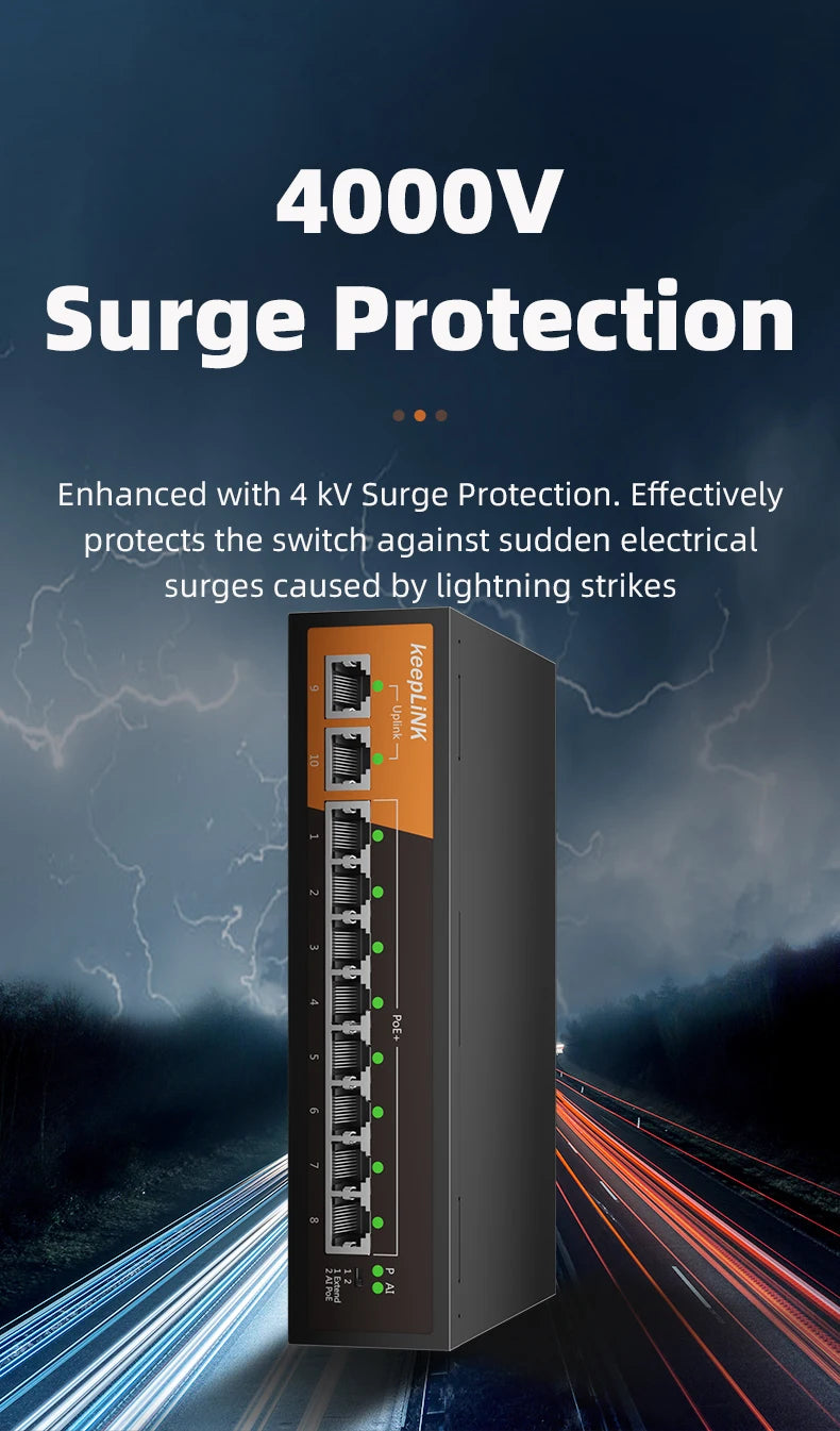 Switch Fast Ethernet PoE KeepLiNK 10 Portas Fanless - 8 PoE+ 2 Uplink IEEE 802.3af/at 135W 10/100Mbps